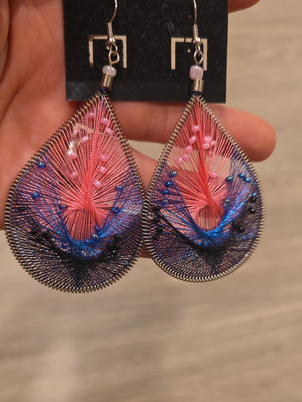 Handcrafted Pink and Blue Teardrop Thread Earrings